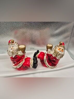 MCM Christmas Decor - Retro Vintage Tumbling Santa Clause Candle Holders NAPCO